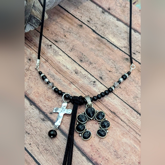 NWT Black Suede W Beads & Squash Blossom Charm Fringe & Cross Necklace - Picture 9 of 9